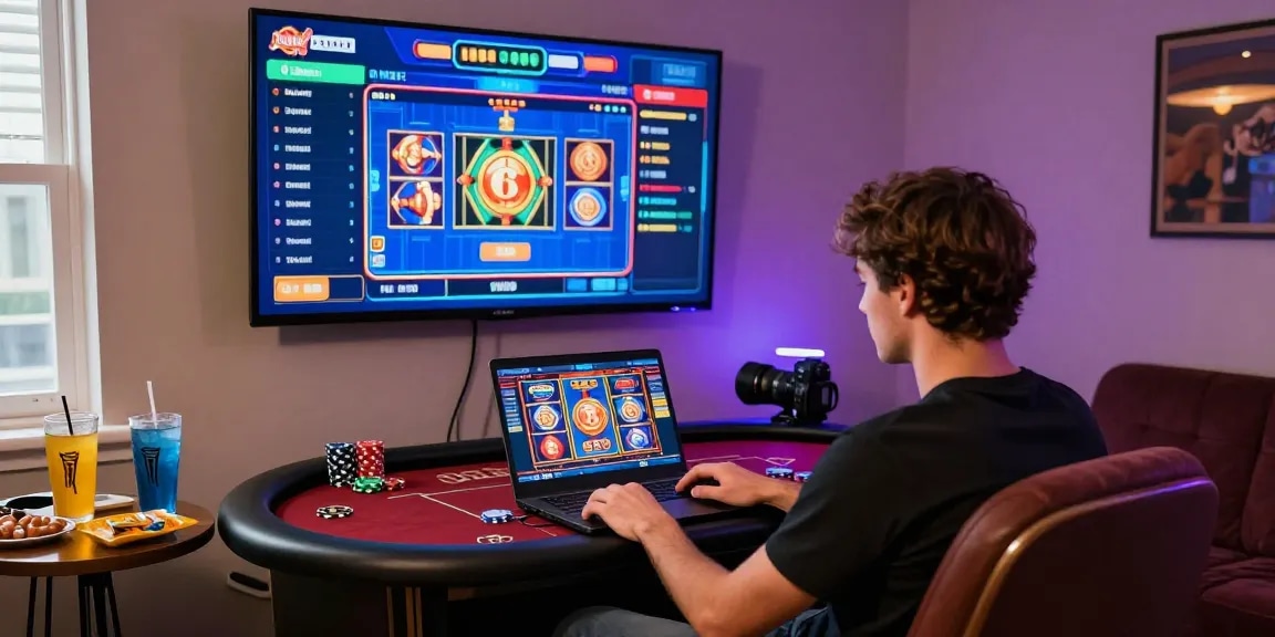 Slot depo 10k di kasino online, pemain menikmati permainan slot dengan cahaya LED cerah.