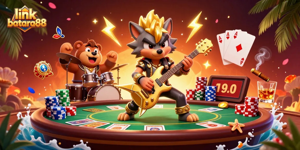 Experience excitement with link batara88 on a vibrant casino stage full of poker and characters.