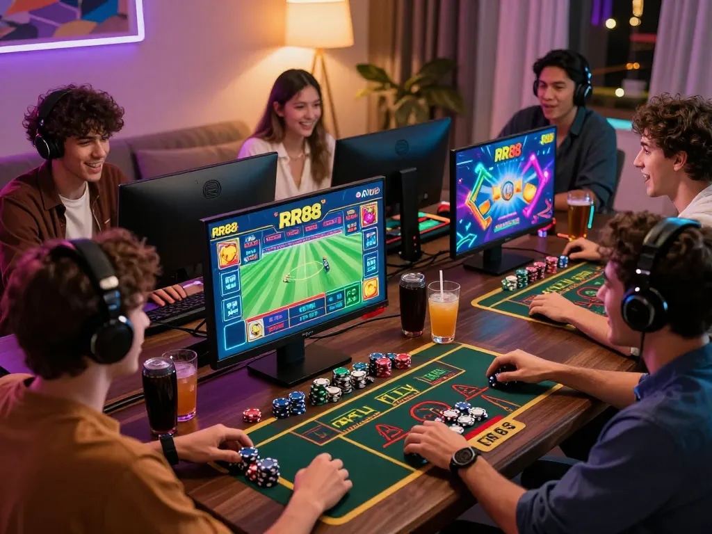 Group of friends enjoying online gaming at RR88 with vibrant screens and betting chips.