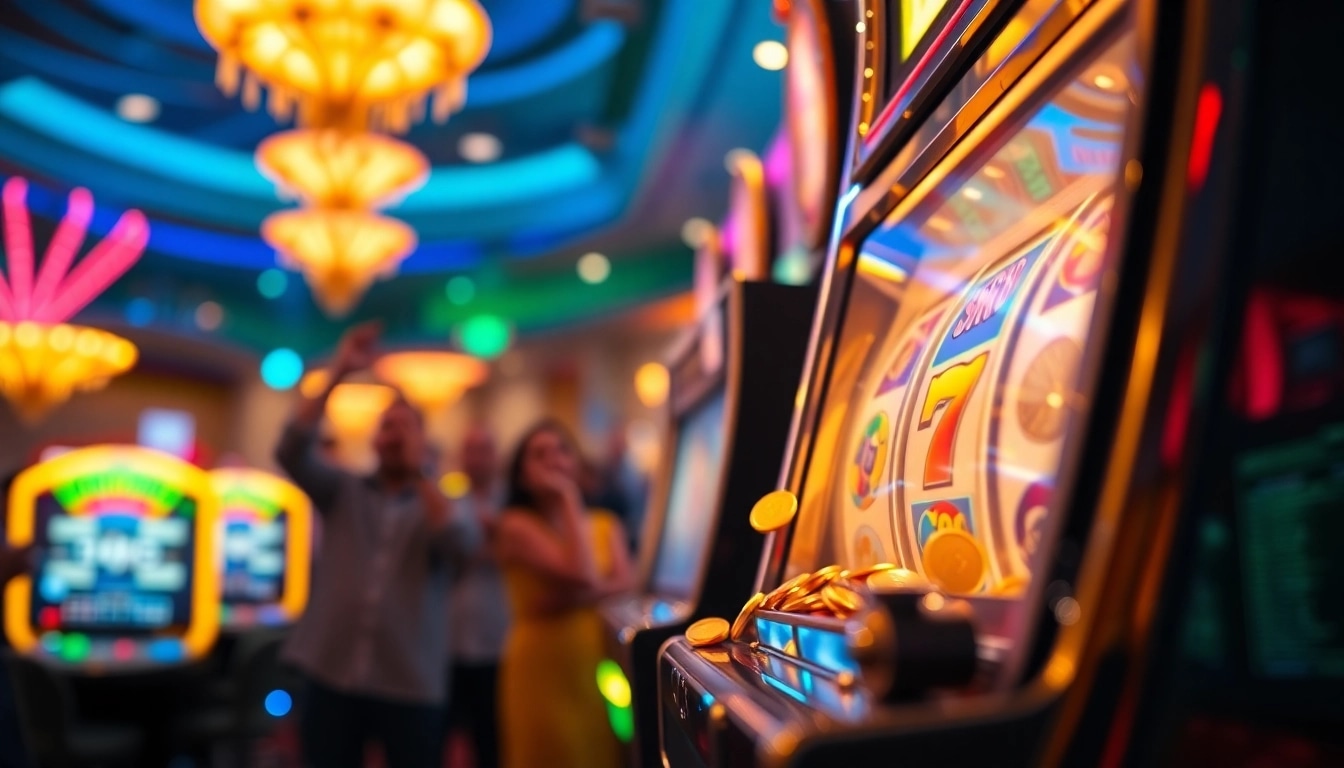 Slot machine dengan koin yang jatuh dan suasana kasino yang ceria.