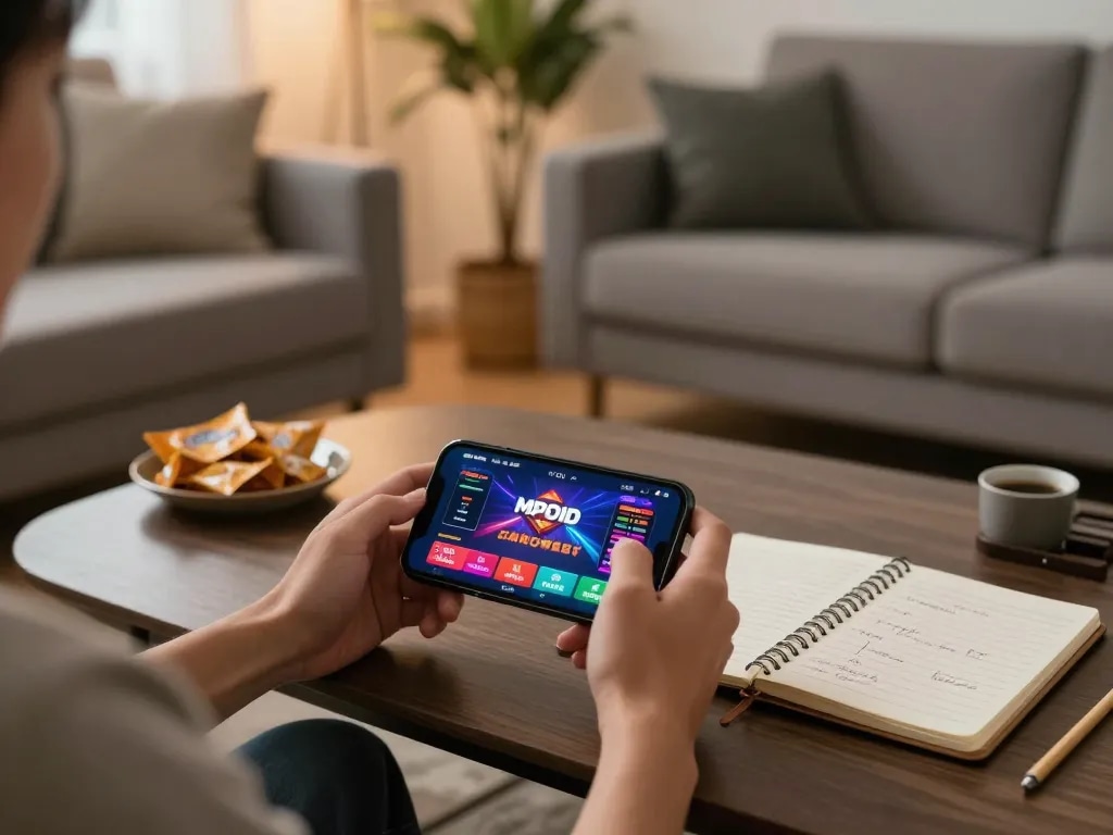 Mobile gameplay experience with MPOID casino app on smartphone in a cozy home setting.