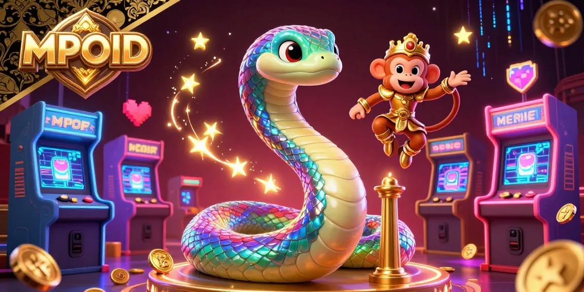 MPOID offers thrilling casino experiences illustrated with vibrant characters and gaming elements in a colorful scene.