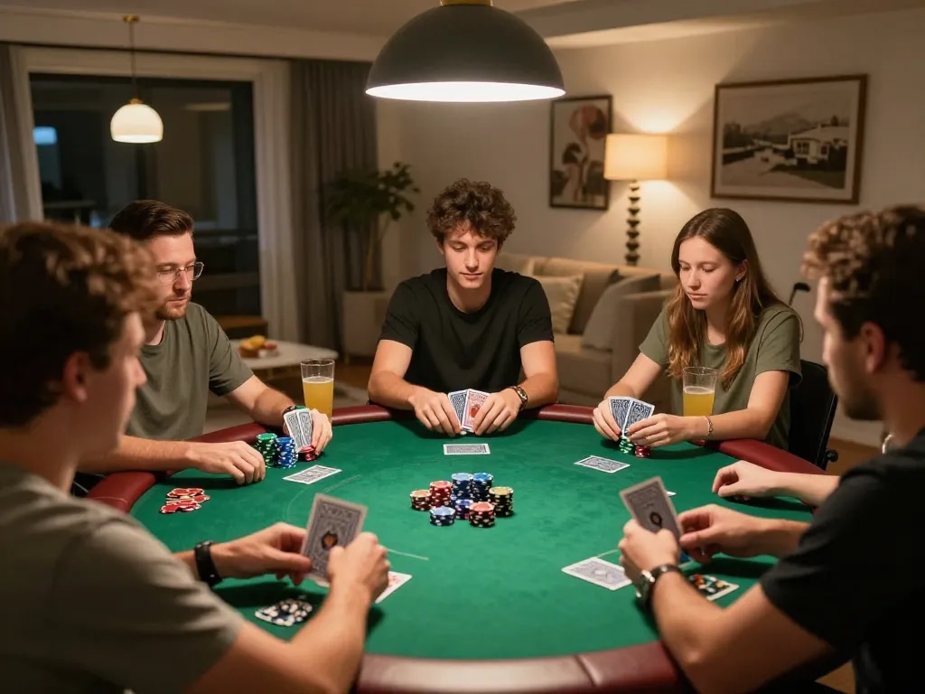 NhatVIP players engaging in a strategic poker night with friends at home, showcasing camaraderie and focus