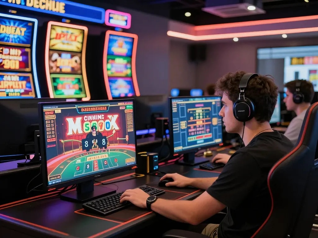 Người chơi sử dụng nhiều màn hình để đánh bạc trực tuyến tại 12bet với các trò chơi casino động được hiển thị.