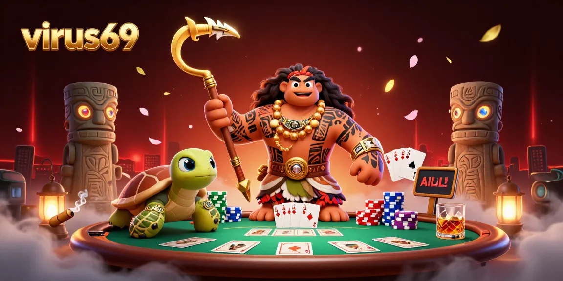 Engage with virus69 at an online poker table surrounded by friendly characters and vibrant game elements.