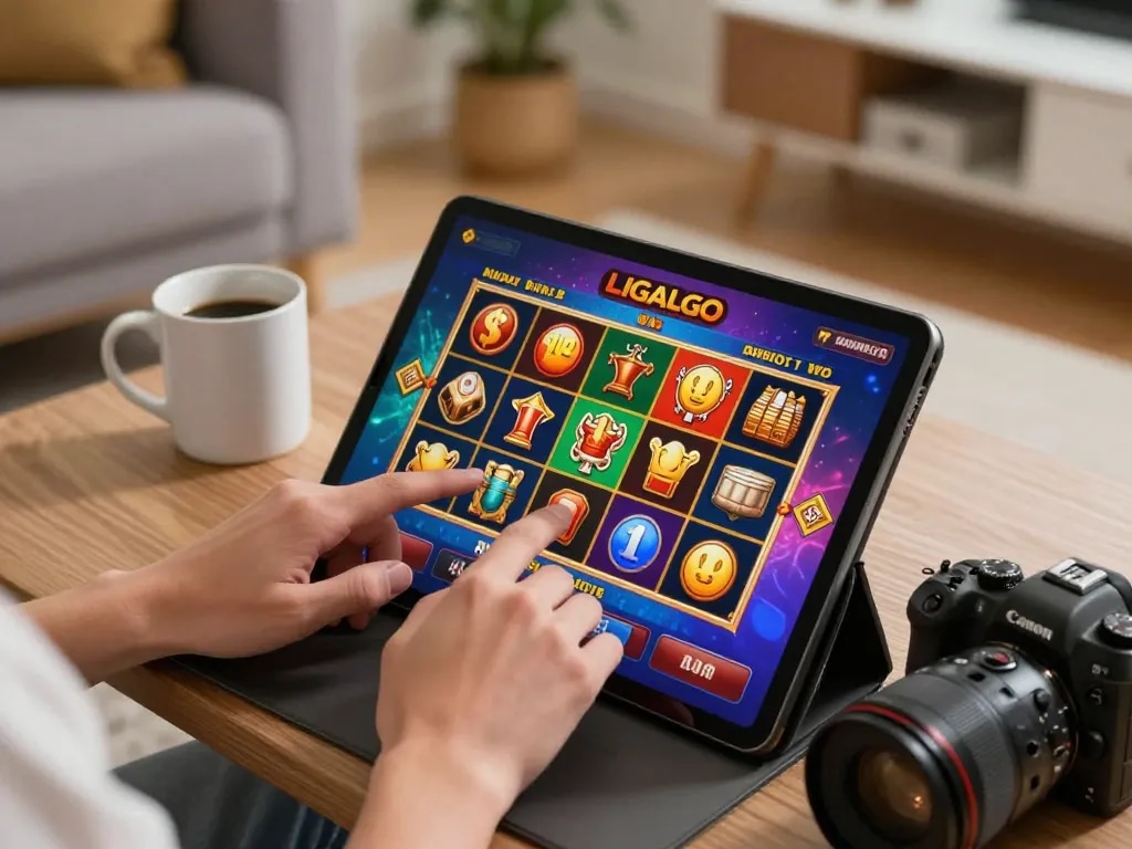 LIGALGO enthusiast engaging with an online slot game on a tablet in a cozy living room