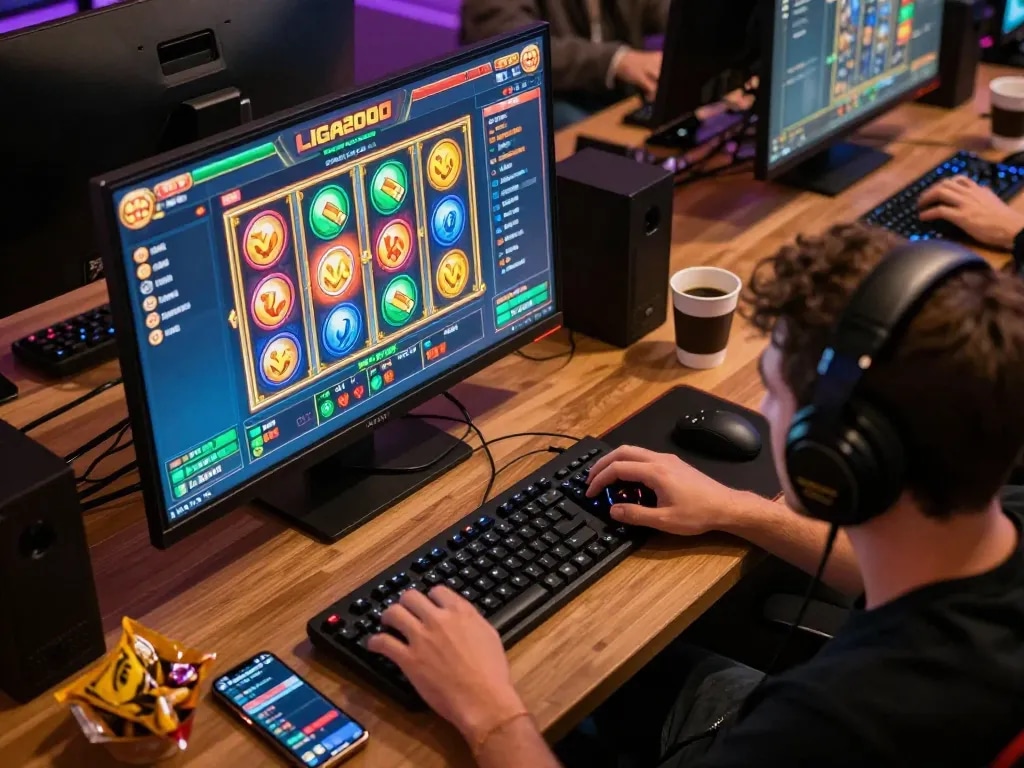 Engaging moment of LIGA2000 online gaming with player using laptop and snacks nearby