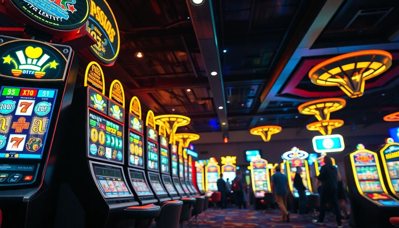 Menangkan slot yang menarik dengan mesin kasino berwarna cerah dan pemain yang bersenang-senang.