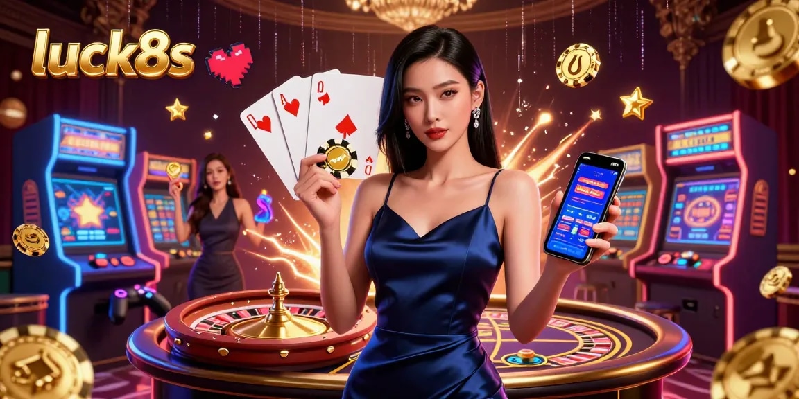 Experience luck8s with a stunning Asian woman showcasing a casino app while surrounded by vibrant gaming elements.
