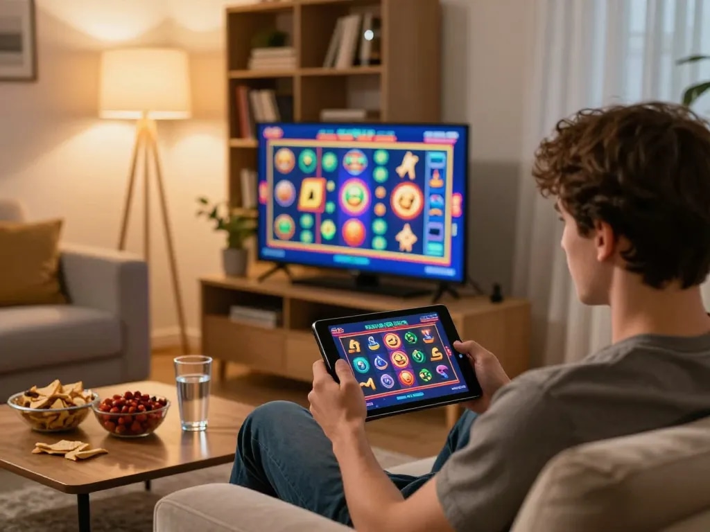 Player enjoying online slot games on LGOSUPER tablet in cozy home setting with vibrant interface