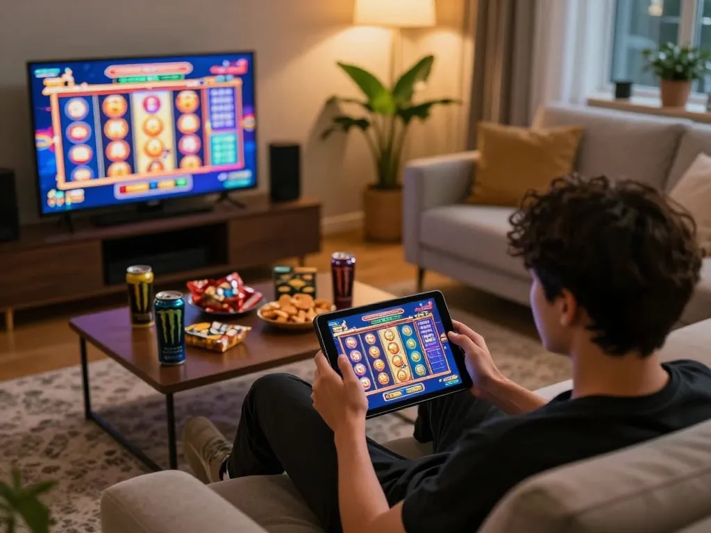 Bermain slot online di tablet di setting ruang tamu yang nyaman