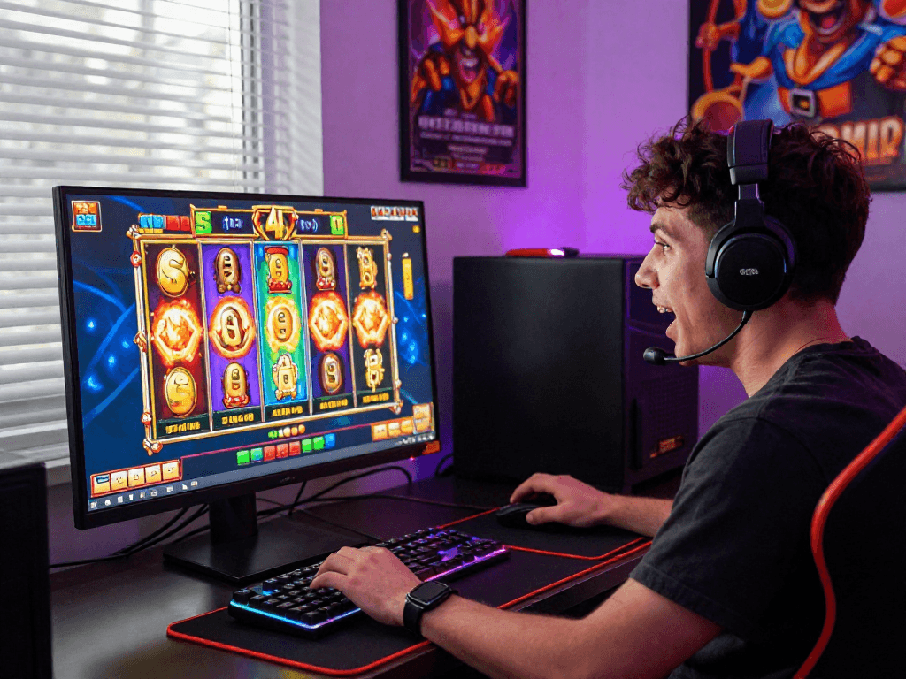 Player enjoying slot resmi at home setup with vibrant graphics and gaming accessories.