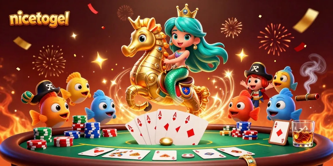 Experience the excitement of nicetogel with a vibrant 3D mermaid-themed casino illustration showcasing poker elements.