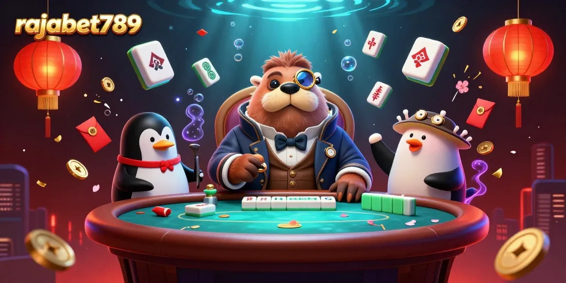 Menampilkan aksi menarik di rajabet789 dengan walrus dan dealer penguin di meja poker bawah laut