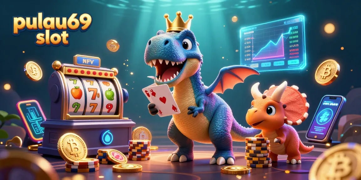 Spin to win with pulau69 slot as friendly dino characters shuffle cards and stack chips!