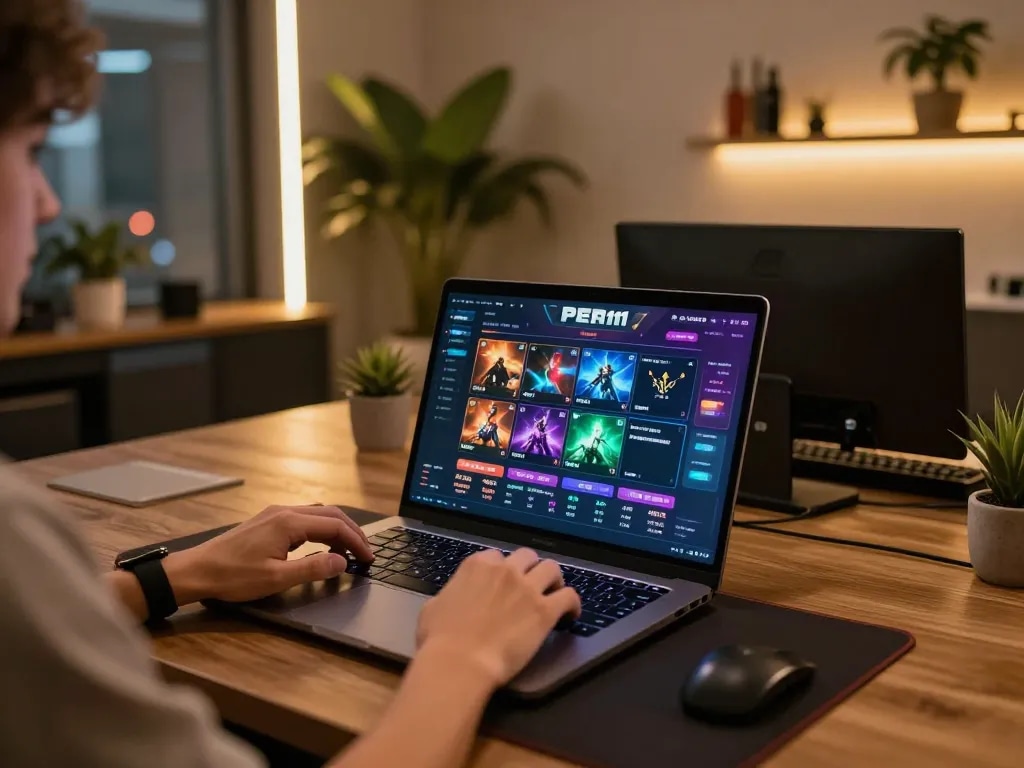 Engaging gameplay of PERI11 online casino on a stylish laptop, showcasing vibrant gaming interface.