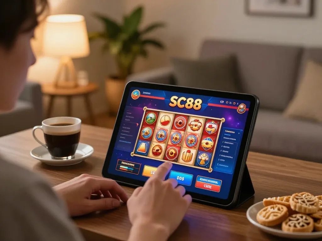 Player engaging in SC88 online casino gaming with tablet in cozy home setting