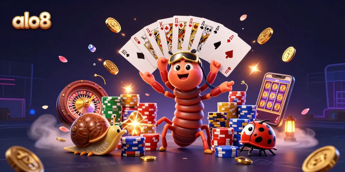 Play exciting games at alo8 featuring a millipede dealer with playing cards and casino elements.