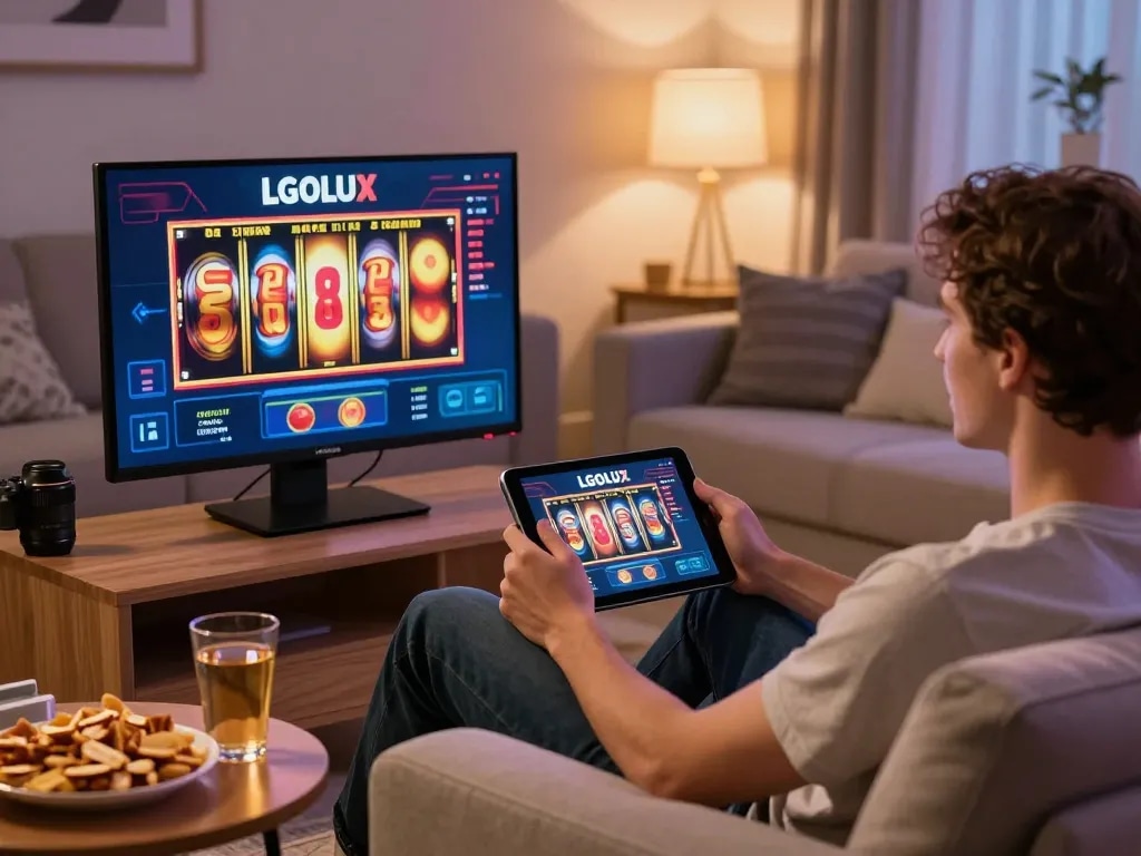 Engaging with LGOLUX online slots in a cozy home setting, showcasing virtual gaming excitement.