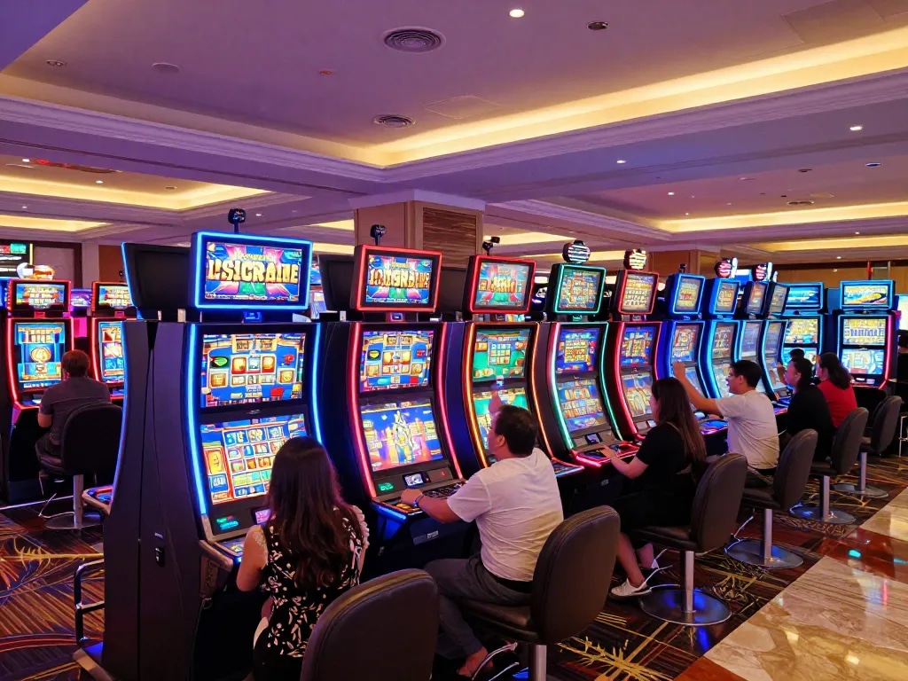 Players enjoying vibrant slot machines at UGDEWA casino, celebrating wins in a lively atmosphere