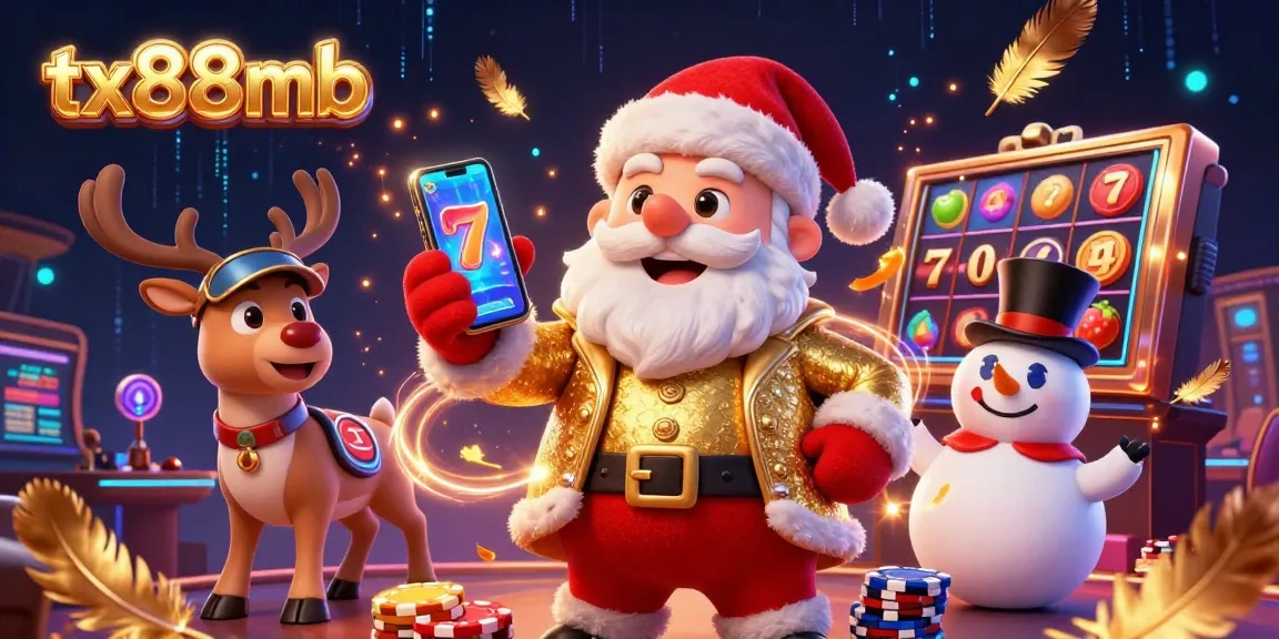 Engaging casino scene featuring tx88mb with Santa, reindeer, and snowman around slot reels.