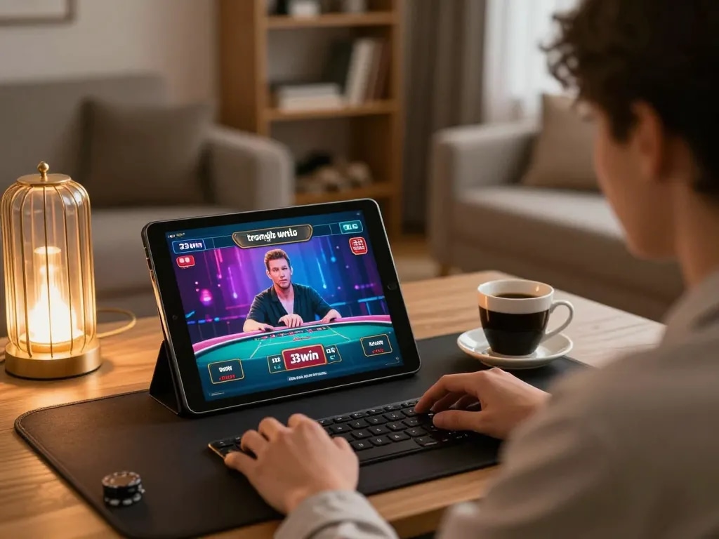 Engaging in live dealer games on trang chủ 33win, showcasing a cozy gaming atmosphere.