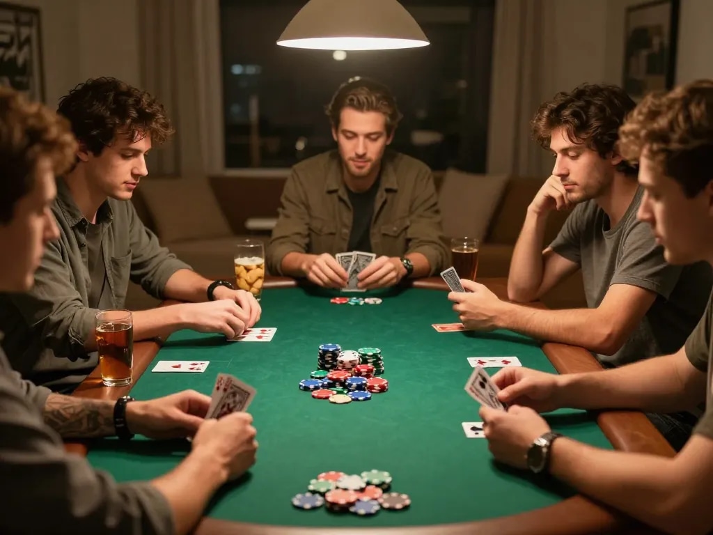 Kenzobet slot players enjoy a thrilling home poker night with strategic gameplay and lively atmosphere.