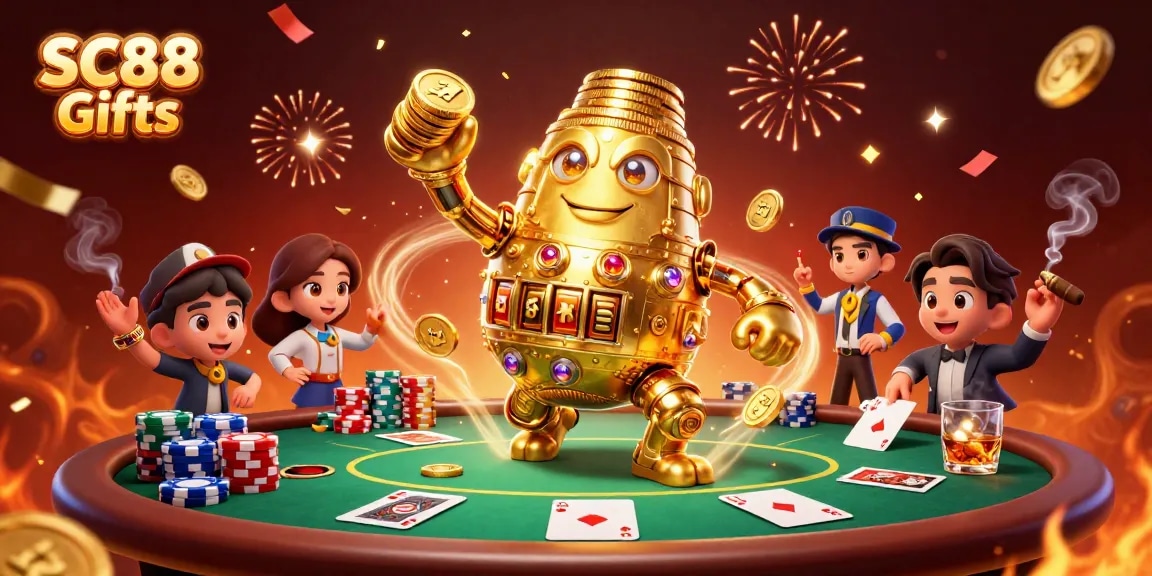 Engage with SC88 Gifts featuring an ancient golden golem and vibrant casino elements for an immersive experience.