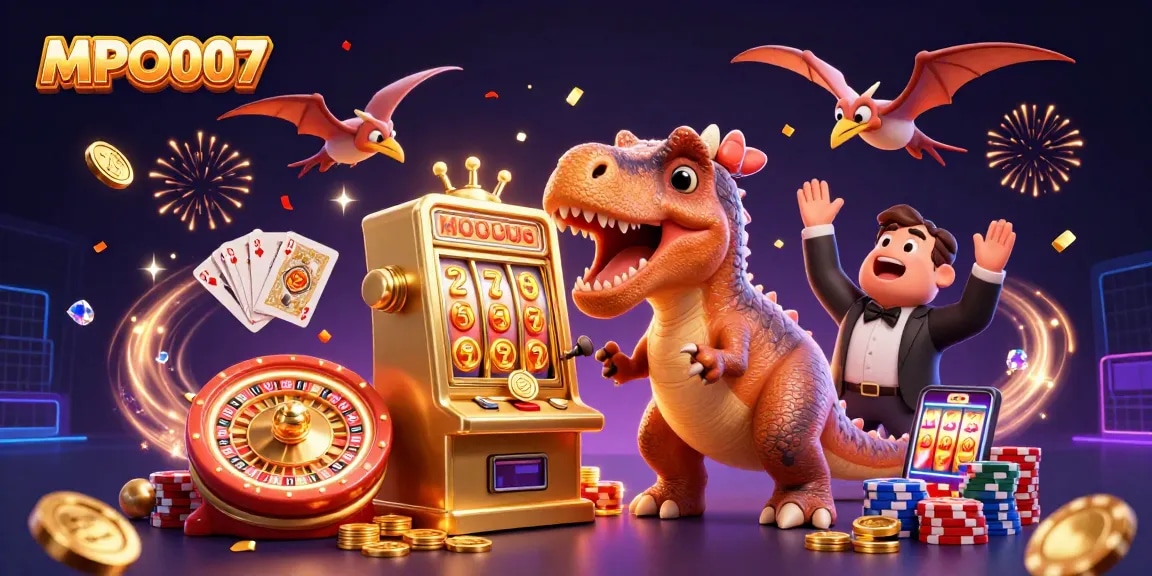 MPO007 features an exciting jackpot scene with a dinosaur interacting with a golden slot machine.