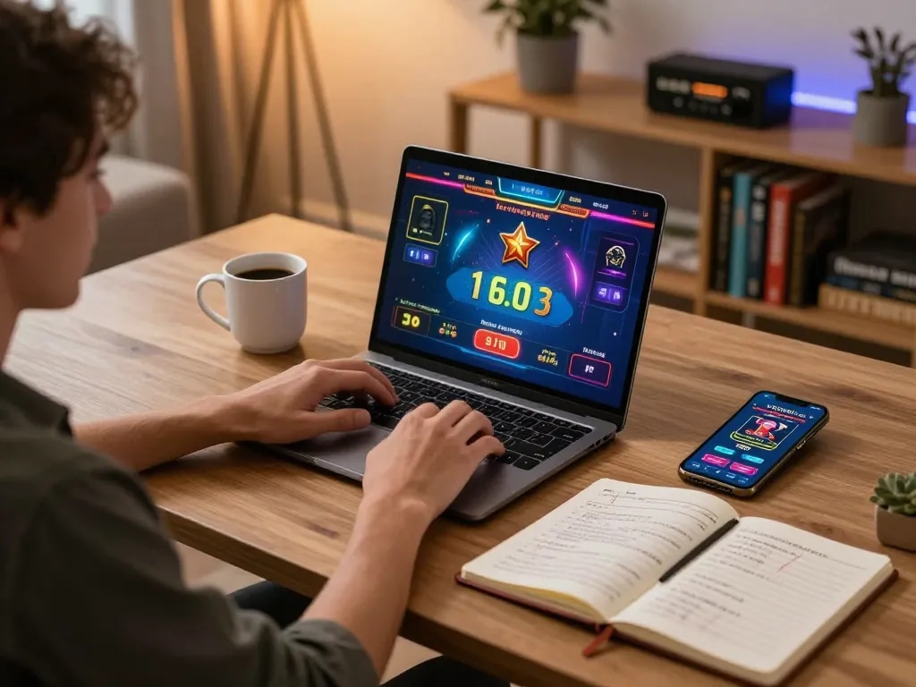 Go99 player strategizing for online casino games at home with a laptop and notes.