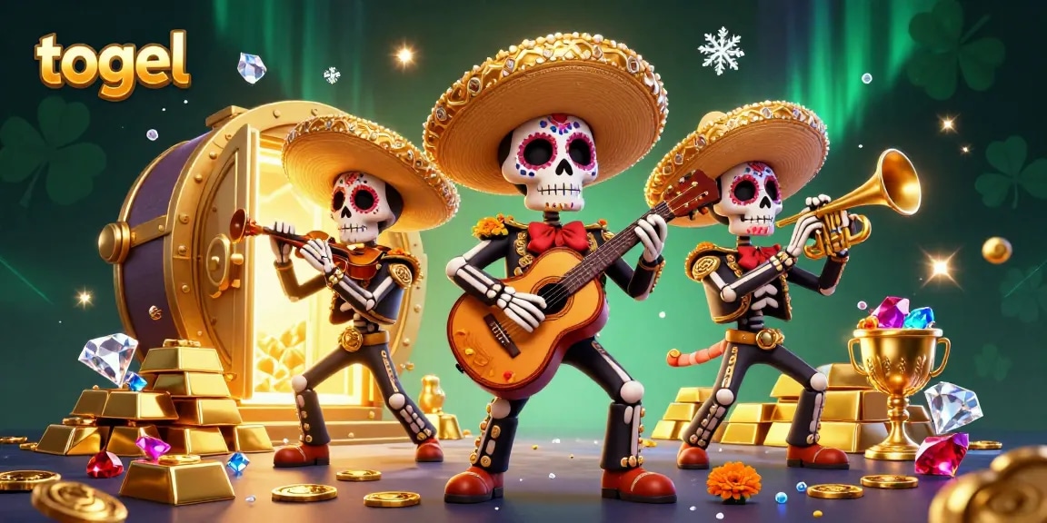 Experience thrilling togel excitement with colorful mariachi characters amidst a treasure-filled scene.