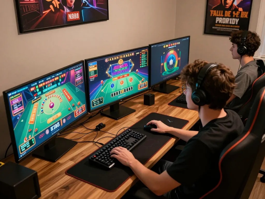 Engaging online gaming setup showcasing nego77 gaming strategy with multiple screens displaying casino games.