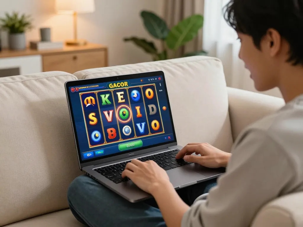Enjoying a vibrant slot gacor gaming session on a laptop, showcasing interactive gameplay at home.