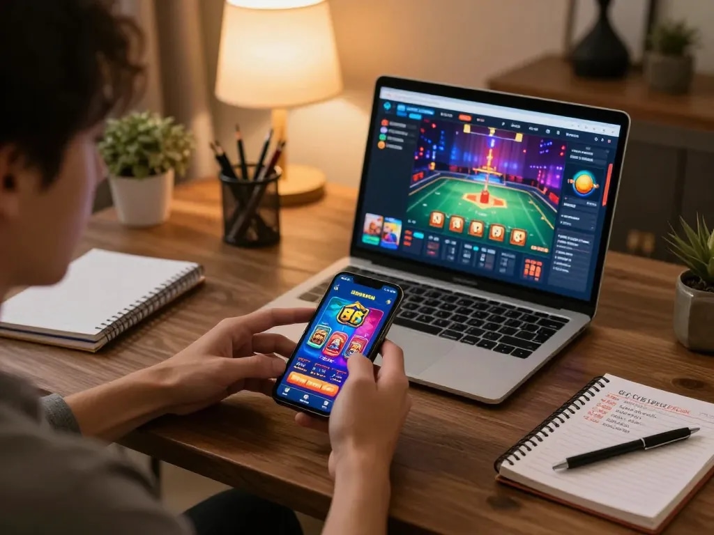 Player engaging with the QQ 88 mobile casino app, blending relaxation and strategic gameplay.