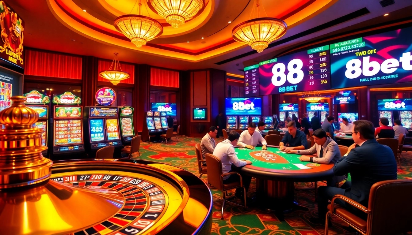 Exciting casino scene at 88bet showcasing poker, roulette, and vibrant slot machines.