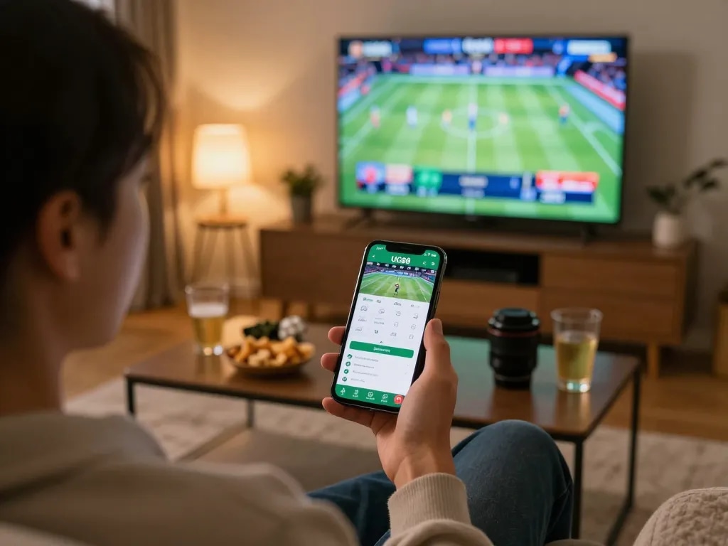 Engaged gambler using UG88 mobile app for live sports betting in a cozy living room setting.