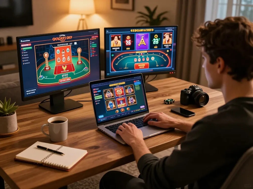 Engaging in strategic gaming with Thabet on a laptop, creating a fun and responsible online casino experience.