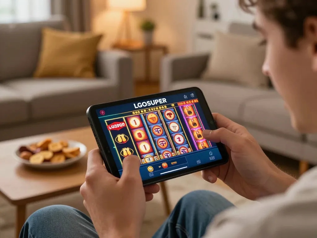 Excited player using the LGOSUPER app, showcasing vibrant slot games on a smartphone in a cozy home setting.