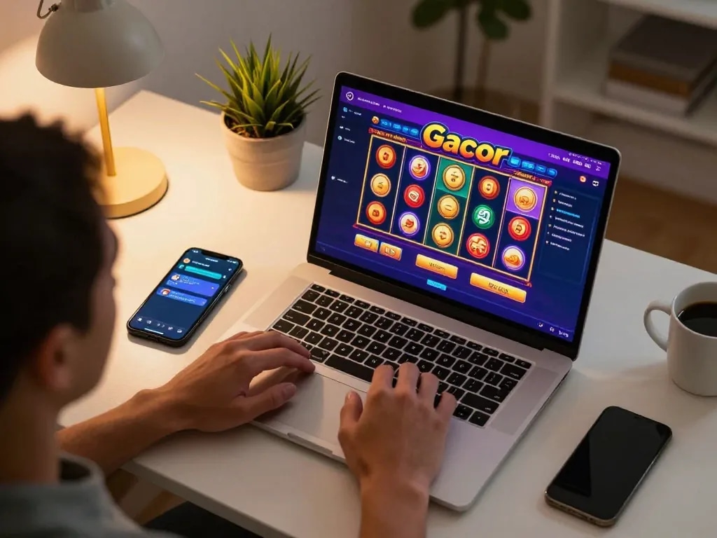 Engaging player enjoying gacor slot games in a cozy online gaming setup