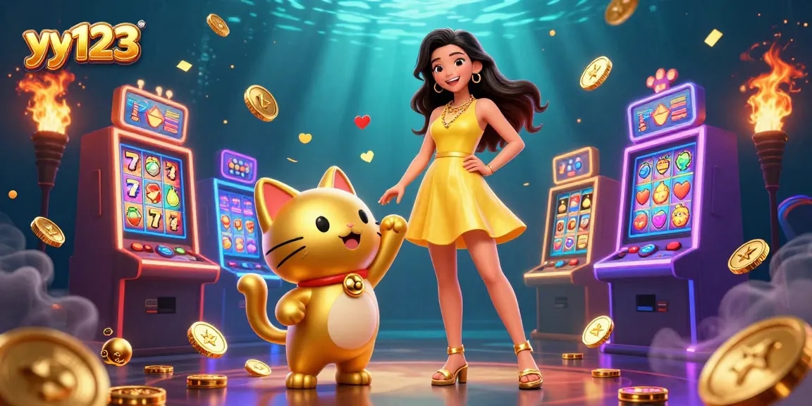 Experience the excitement of yy123 with vibrant colors, lucky symbols, and a cheerful atmosphere in this engaging casino illustration.