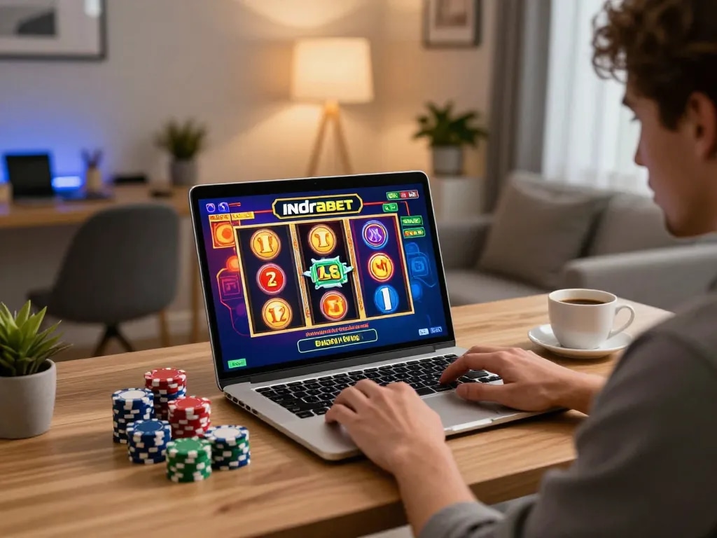Experience Indrabet slots online with exciting gameplay and vibrant graphics in a cozy home setting.