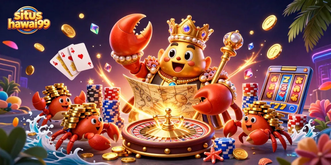 Win thrilling rewards at situs hawai99 with a colorful 3D casino scene featuring a golden crab emperor.