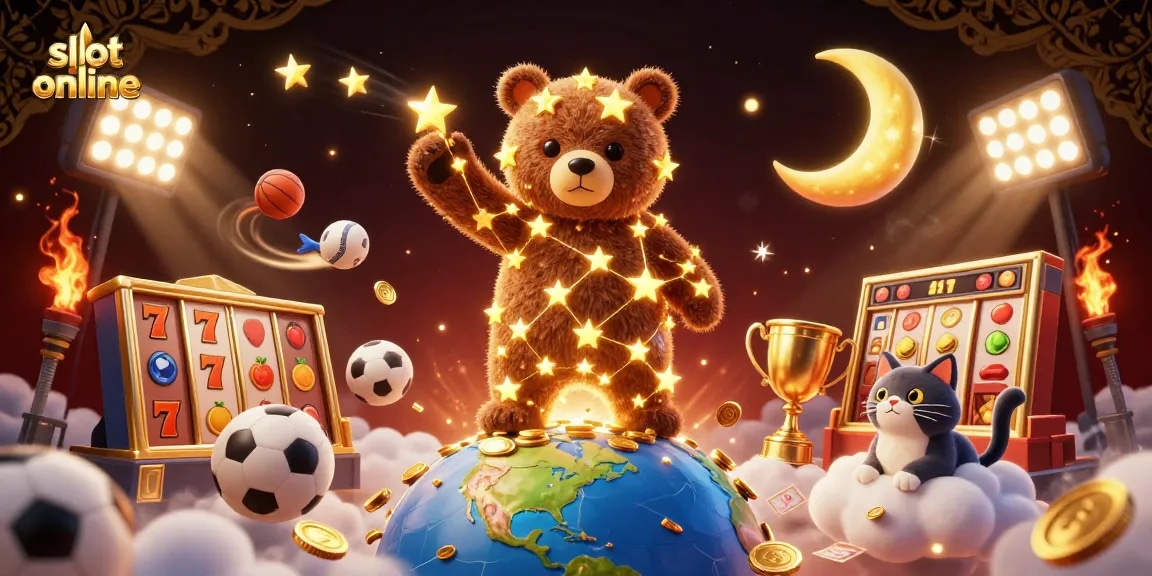 Permainan slot online yang menarik dengan gulungan slot, bintang emas, dan koin mengalir di latar belakang.