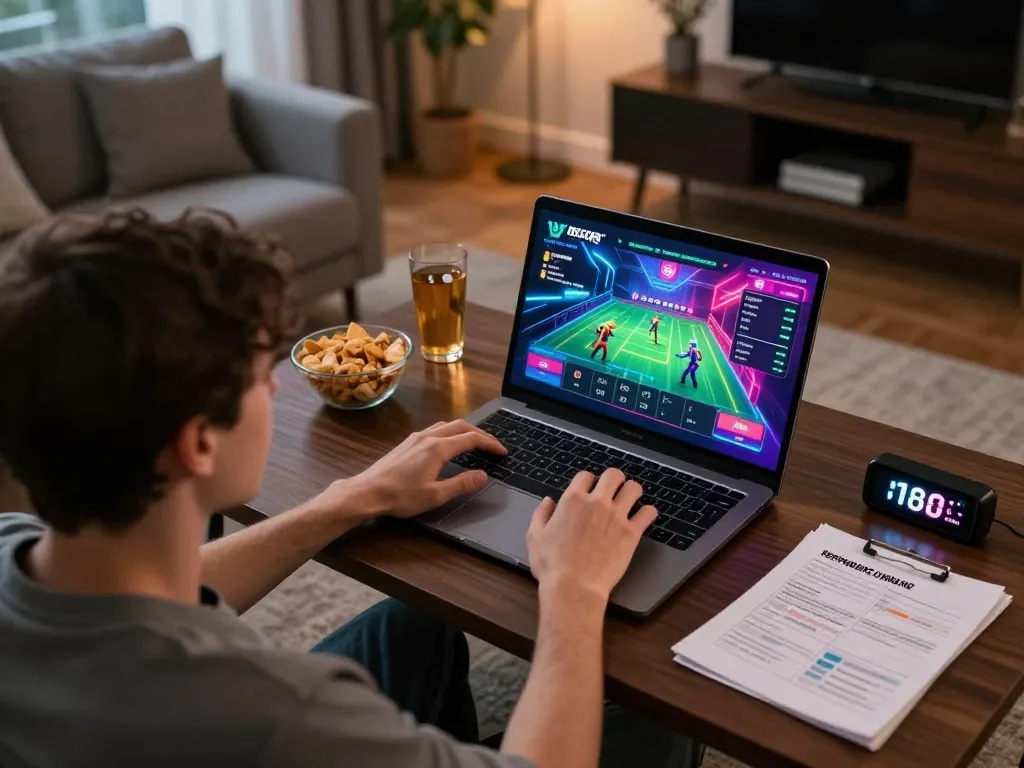 IDNSCORE user enjoying an exciting online gaming session with snacks and strategy notes.