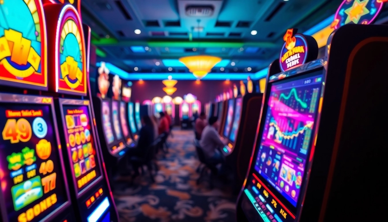 Menang besar di slot mesin judi dengan lampu berwarna cerah dan suasana kasino yang ramai.