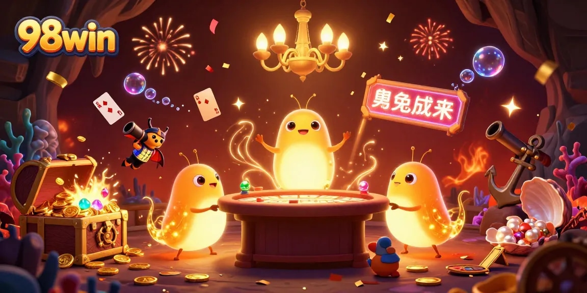 Experience the excitement of 98win as glowworms illuminate a vibrant cave casino with unique gaming elements.