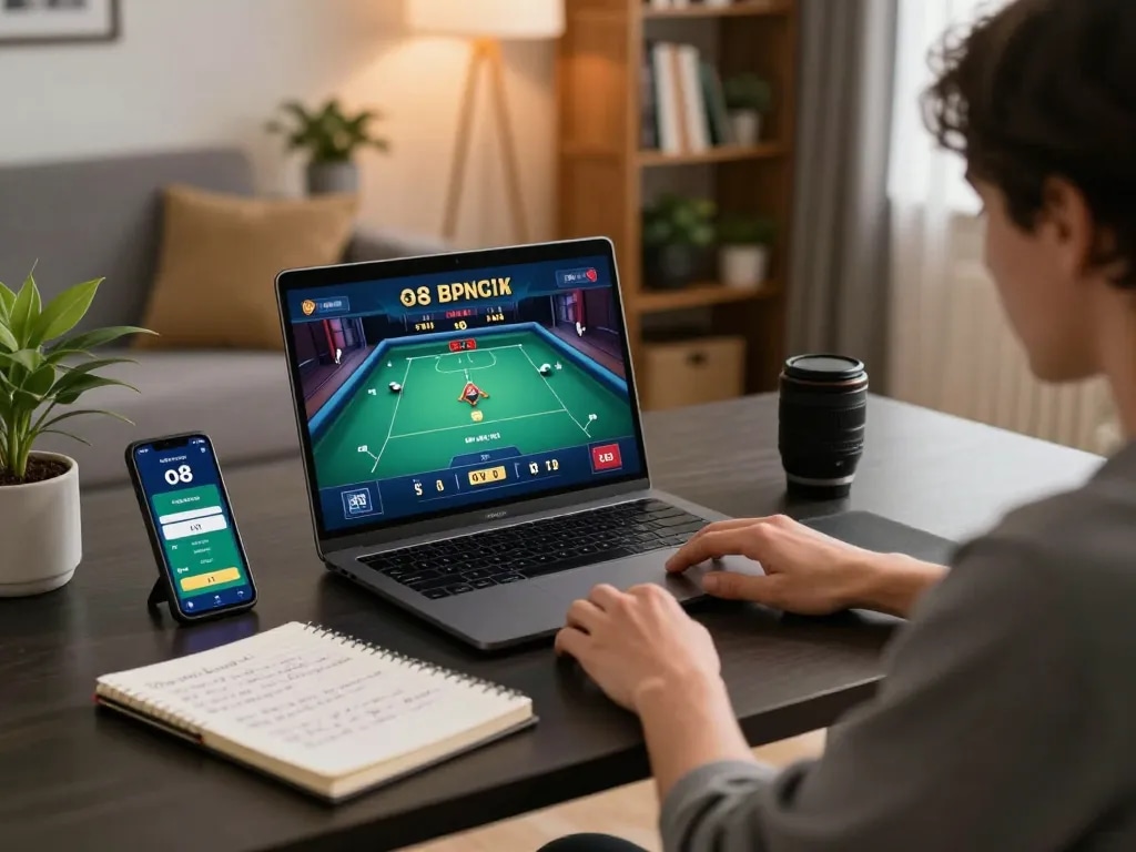 Enjoying o8 poker gameplay at home, focusing on strategies while using a laptop and smartphone.