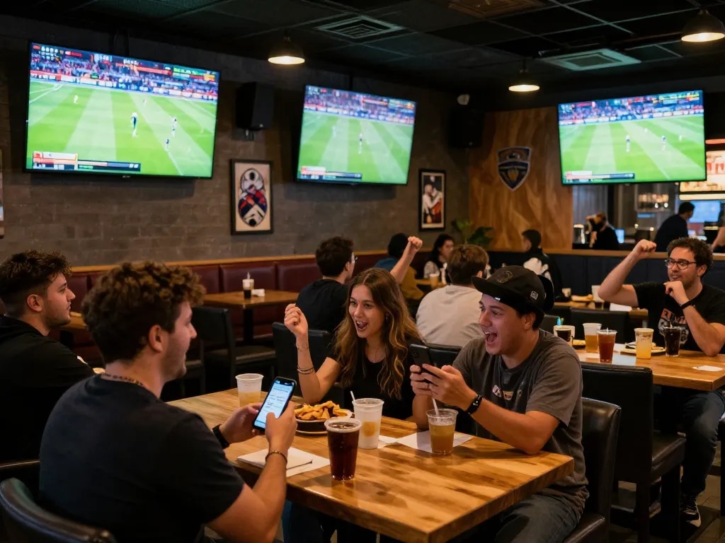 Cakhia tv users engaging in sports betting while watching live matches at a lively sports bar
