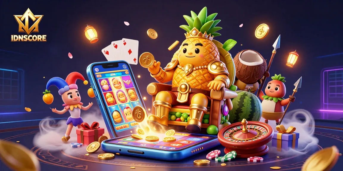 Engage with IDNSCORE's vibrant casino environment featuring a golden pineapple king, dynamic game elements, and bright visuals.