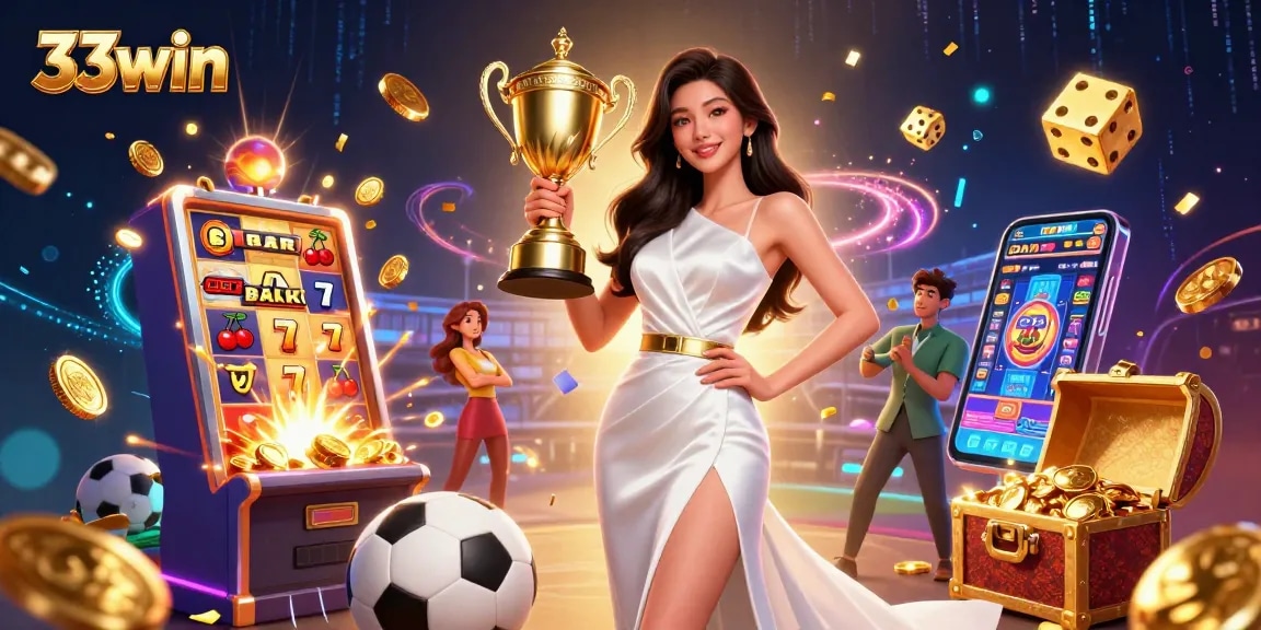 Engage with 33win by celebrating wins with a victorious Asian woman, trophy, and dynamic casino elements.